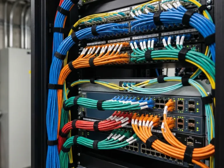 Rack de rede com cabeamento estruturado organizado por cores, patch panels e switches identificados