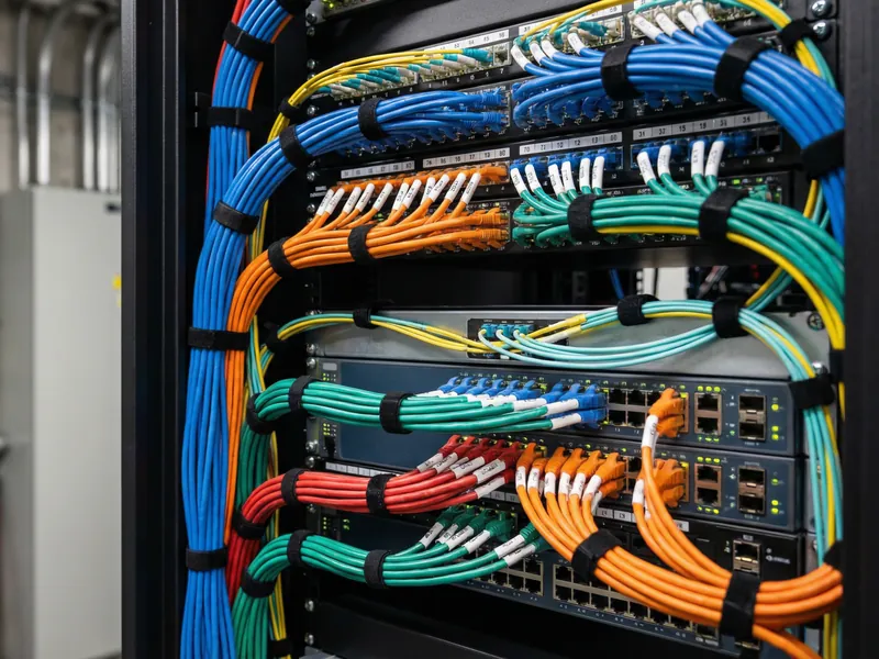 Rack de rede com cabeamento estruturado organizado por cores, patch panels e switches identificados