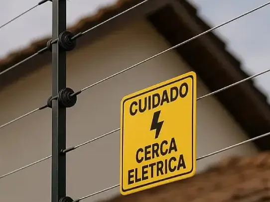 Cerca elétrica com hastes e isoladores no muro de uma casa e placa Cuidado Cerca Elétrica