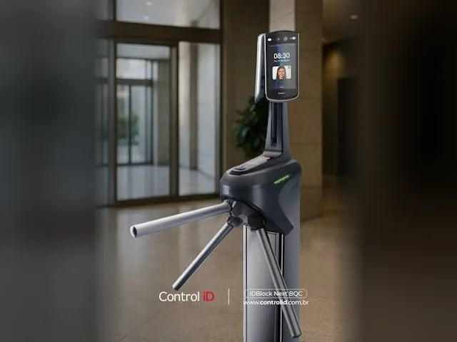 Catraca iDBlock Next com leitor facial da Control iD na recepção de um prédio