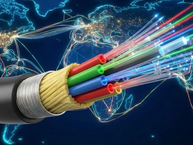 Cabo de fibra óptica aberto com os tubos coloridos e as fibras transmitindo luz