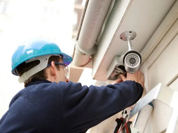 Técnico de capacete instalando e ajustando uma câmera de segurança na fachada