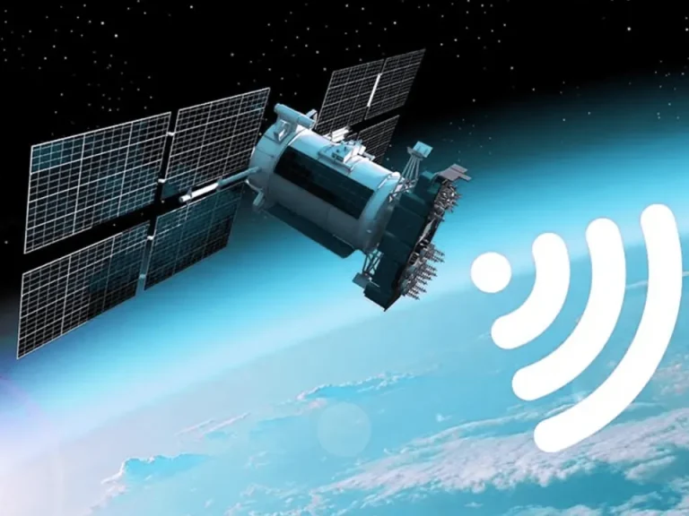 Satélite em órbita sobre a Terra com o símbolo de sinal de internet