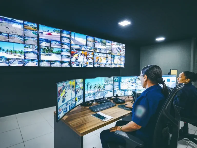 Central de videomonitoramento com videowall de câmeras e operadoras acompanhando as imagens