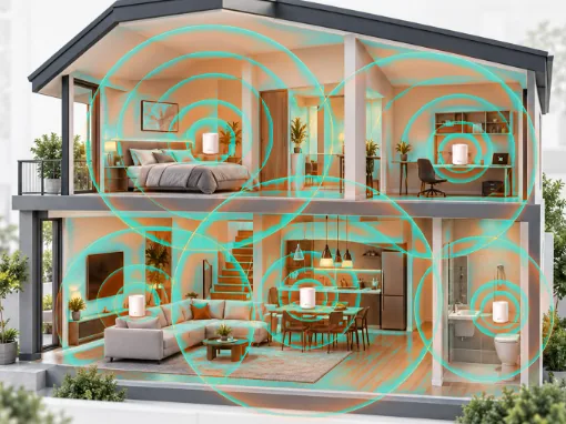 Casa com roteadores mesh em cada cômodo e o sinal de Wi-Fi cobrindo todos os ambientes